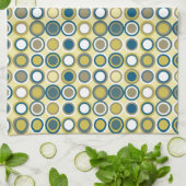Linge De Cuisine Cercles du milieu du siècle Motif Bleu Jaune Tan B (Plié)