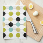 Linge De Cuisine Cercles Jaunes Bleu Vert Aqua Sur Lignes Noires<br><div class="desc">Cette serviette de cuisine moderne et colorée du milieu du siècle présente des cercles bleu aqua,  vert avocado,  jaune pâle et noir sur une grille recouverte de noir. Ajoutez un peu de plaisir à votre décor de cuisine !</div>