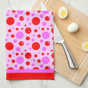 Linge De Cuisine Cercles Rouges et Roses Rétro et Points sur Fond R