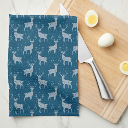 Linge De Cuisine Cerf d'art populaire scandinave en bleu (Quart Plié)