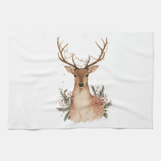 Linge De Cuisine Cerf de Noël avec guirlande lumineuse et verdure