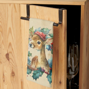 Linge De Cuisine Cerf de Noël Hiver Aquarelle Animal Drôle