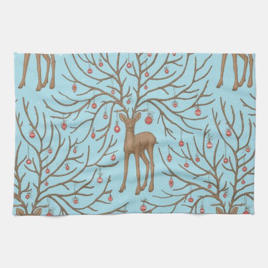 Linge De Cuisine Cerf de Noël sur fond bleu (Horizontal)