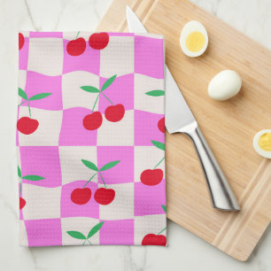 Linge De Cuisine Cerises à carreaux sur damier rose Motif