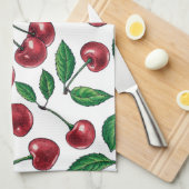 Linge De Cuisine Cerises rouges sur blanc (Quart Plié)