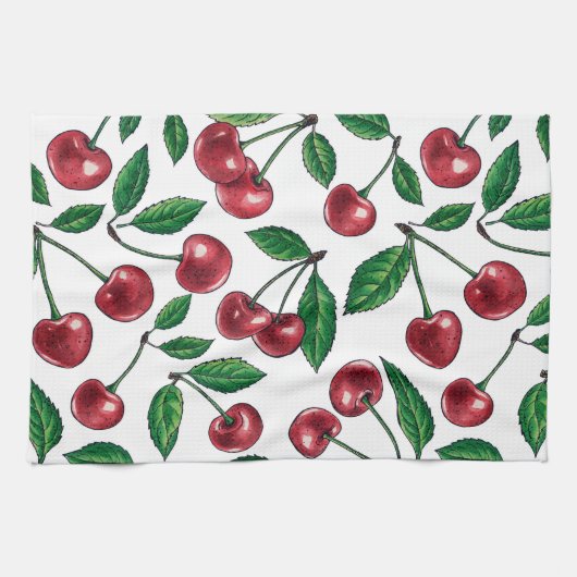 Linge De Cuisine Cerises rouges sur blanc (Horizontal)