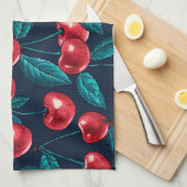 Linge De Cuisine Cerises rouges sur bleu foncé (Quart Plié)