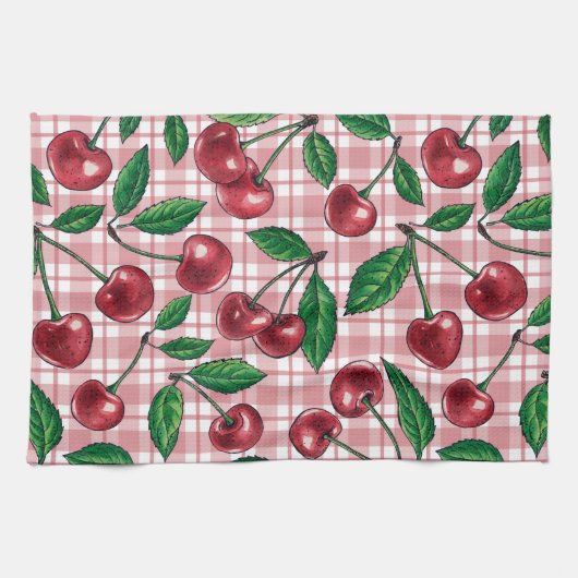 Linge De Cuisine Cerises rouges sur en vichy rose (Horizontal)