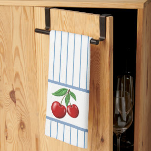 Linge De Cuisine Cerises Rouges sur Motif Graphique à Rayures Bleue