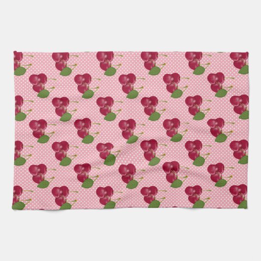 Linge De Cuisine Cerises rouges sur rose avec points blancs mignonn (Horizontal)