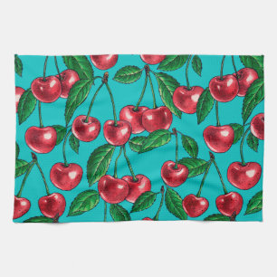 Linge De Cuisine Cerises rouges sur turquoise