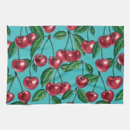 Linge De Cuisine Cerises rouges sur turquoise (Horizontal)