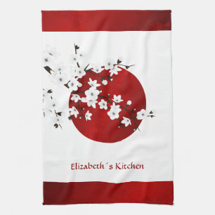 Linge De Cuisine Cerisier Blossom Levant Soleil Rouge Noir Blanc Mo