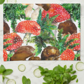 Linge De Cuisine Champignons d'aquarelle et motif de fougères verte (Plié)