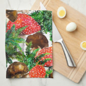 Linge De Cuisine Champignons d'aquarelle et motif de fougères verte (Quart Plié)