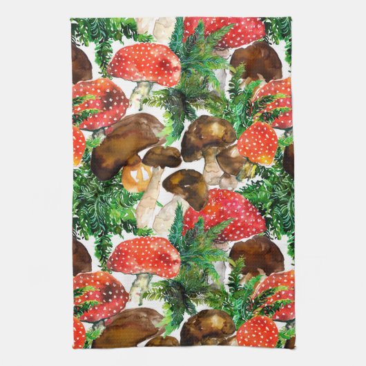 Linge De Cuisine Champignons d'aquarelle et motif de fougères verte (Vertical)