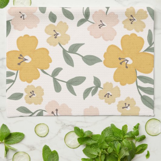 Linge De Cuisine Champs de fleurs Floral - Jaune gaie et rose (Plié)