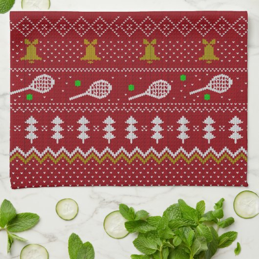 Linge De Cuisine Chandail de Noël de Tennis Motif tricoté Rouge Noë (Plié)