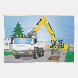 Linge De Cuisine Chantier de route avec camion blanc et excavateur