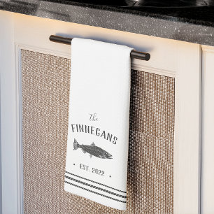 Linge De Cuisine Charbon et poisson rustique blanc Personnalisé