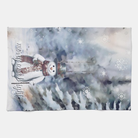 Linge De Cuisine Charmant Snowman Aquarelle Forêt d'hiver (Horizontal)