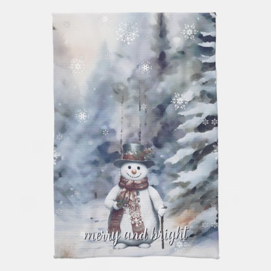 Linge De Cuisine Charmant Snowman Aquarelle Forêt d'hiver (Vertical)