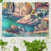 Linge De Cuisine Charme côtier Italie Cinque Terre Aquarelle | (Plié)
