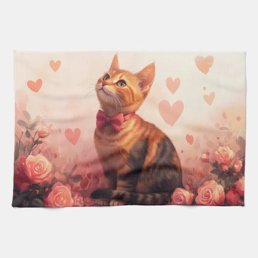 Linge De Cuisine Chat abyssinien avec Rose - Saint Valentin (Horizontal)