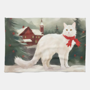 Linge De Cuisine Chat Angora turc en Noël de neige