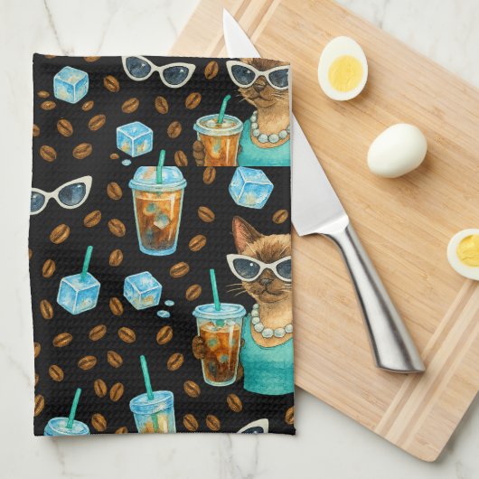 Linge De Cuisine Chat avec café glacé pour les amoureux de chats si (Quart Plié)