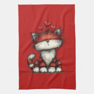 Linge De Cuisine Chat avec des cœurs d'amour rouges mignon et drôle