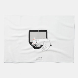 Linge De Cuisine Chat Blanc Dormir Sur L'Ordinateur Portable Servie