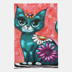 Linge De Cuisine Chat de chaton Whimsical assis sur le tapis Floral
