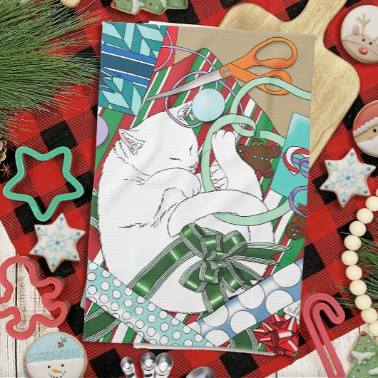 Linge De Cuisine Chat de Noël blanc