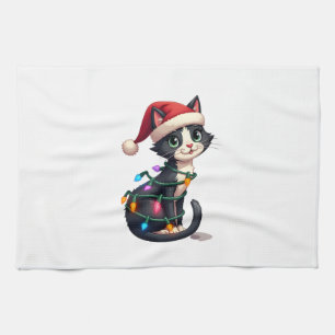 Linge De Cuisine Chat de Noël Smoking chat noir de Noël lumières mi
