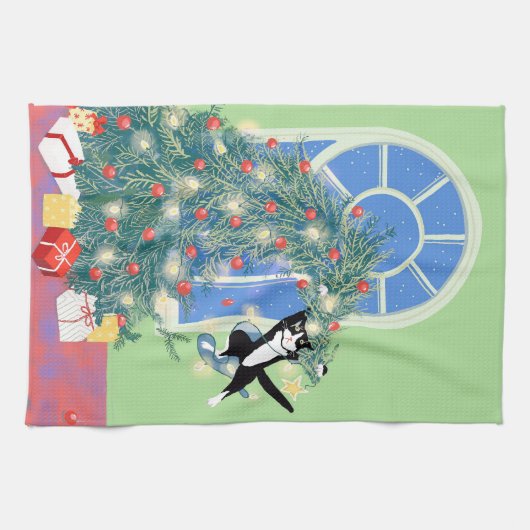 Linge De Cuisine Chat de sapin de Noël amusant (Horizontal)