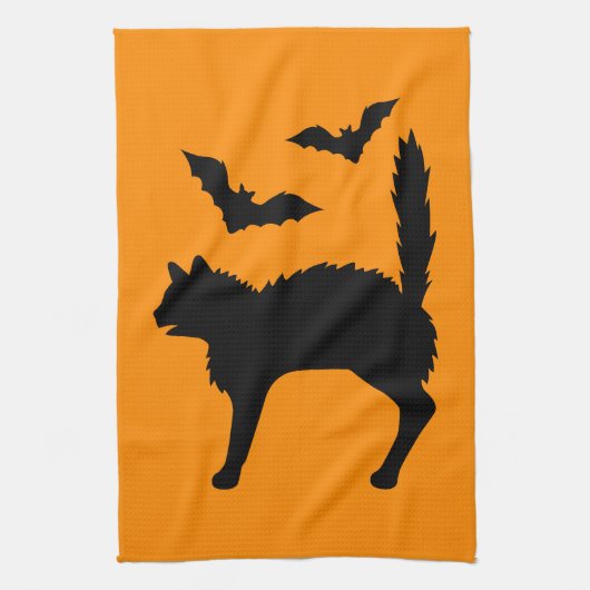 Linge De Cuisine Chat d'Halloween effrayé et silhouette de chauves- (Vertical)
