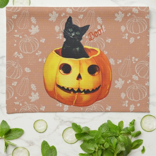 Linge De Cuisine Chat d'Halloween en Citrouille (Plié)