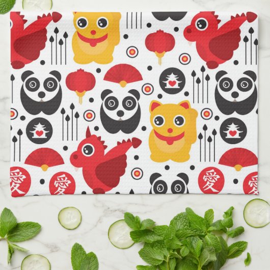 Linge De Cuisine Chat, dragon, et panda chanceux de la Chine (Plié)
