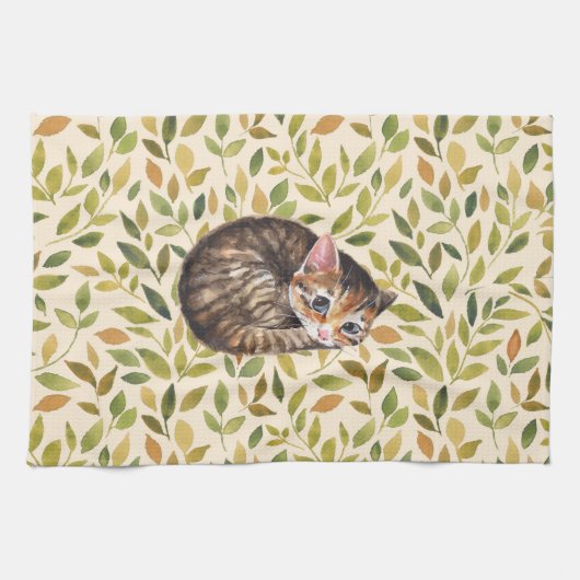 Linge De Cuisine Chat endormi, arrière - plan floral (Horizontal)
