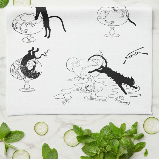 Linge De Cuisine Chat et poisson d'or, Alexandre Steinlen (Plié)