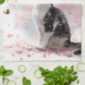 Linge De Cuisine Chat Fleur de Cerisier et Papillons (1) (Plié)