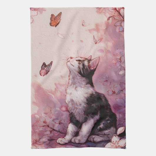 Linge De Cuisine Chat Fleur de Cerisier et Papillons (2) (Vertical)