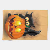 Linge De Cuisine Chat Fun Halloween Caractère mordant un Citrouille (Horizontal)
