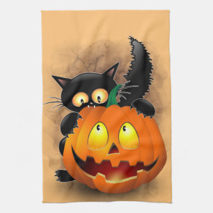 Linge De Cuisine Chat Fun Halloween Caractère mordant un Citrouille