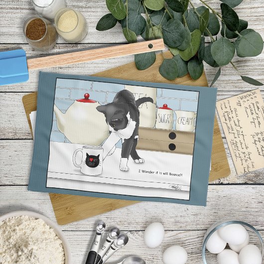 Linge De Cuisine Chat Gris Blanc Curieux Tasse à Thé Drôle Cuisine