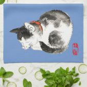 Linge De Cuisine Chat japonais couché noir et blanc (Plié)