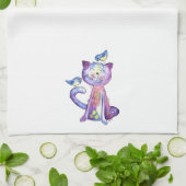 Linge De Cuisine Chat mignon blanc violet avec oiseaux (Plié)