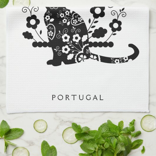 Linge De Cuisine Chat noir avec fleurs et expression portugaise (Plié)