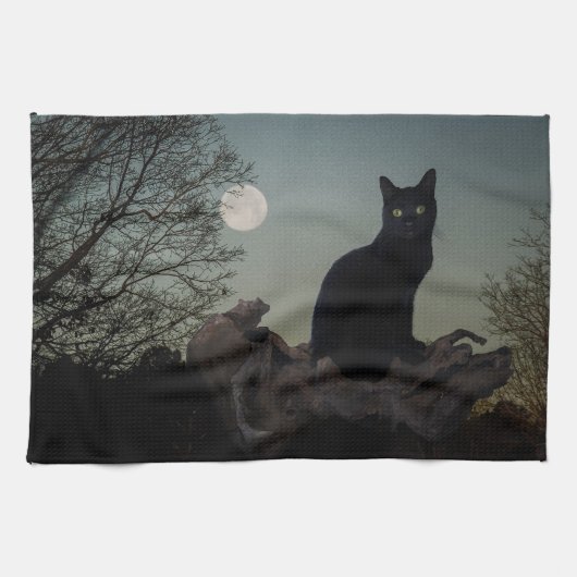 Linge De Cuisine Chat noir dans un arbre devant une Pleine lune (Horizontal)
